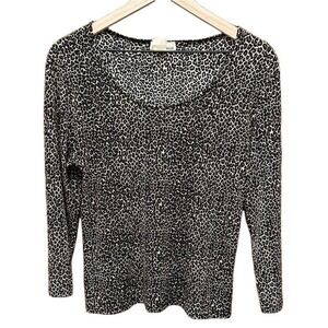 SUSAN LAWRENCE Women Leopard Print Long Sleeve Top Large Animal Scoop Neck Chic